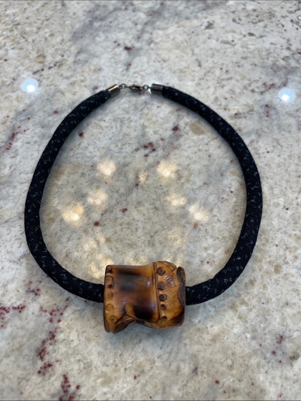 Vintage Natural Bamboo Statement Necklace Black Woven Fabric Cord 18”